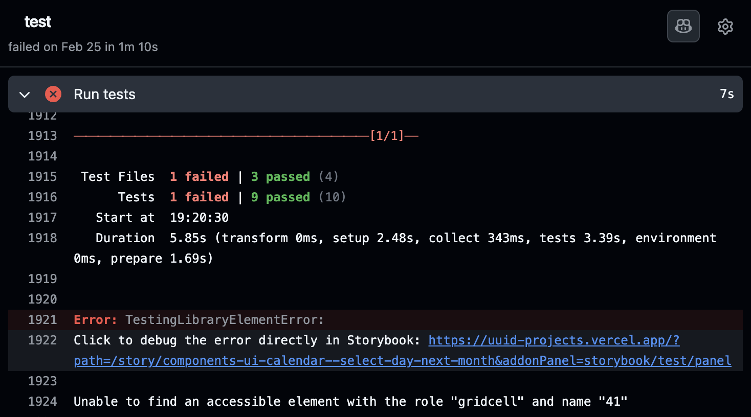 Test failure output in CI environment, with a link to the Storybook to debug